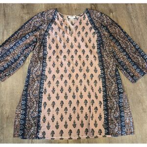 J.Jill Purejill Womens Size MP Pink Brown 1/2 Sleeve Cotton Linen Tunic Top‎